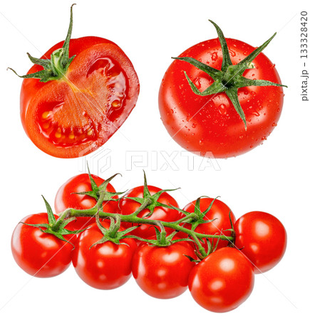 Fresh red tomatoes with green stems and water drops isolated on white background, whole and half cut ripe vegetables, healthy organic food concept for advertising or banner 133328420