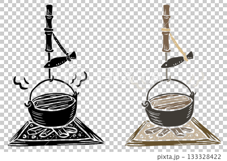 囲炉裏鍋　筆タッチ手描きイラスト　線画なし塗りのみ 133328422