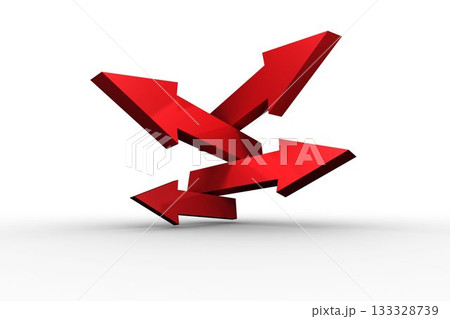 Five red 3D arrows are fanning out on white plane casting soft gray shadows, copy space 133328739