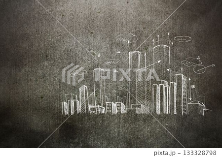 Chalk-styled city skyline is rising on dark grey texture, showing upward arrows and cloud sketches 133328798