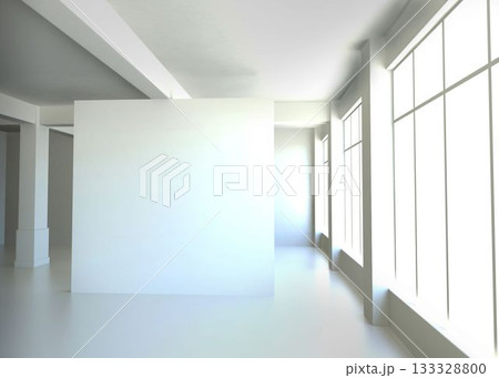 showing flat design white interior with partition wall, columns and grid windows flooding light showing flat design white interior with partition wall, columns and grid windows flooding light 133328800