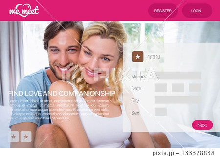 Smiling couple hugging on bed with man wrapping arm as registration fields overlaying leafy view Smiling couple hugging on bed with man wrapping arm as registration fields overlaying leafy view 133328838