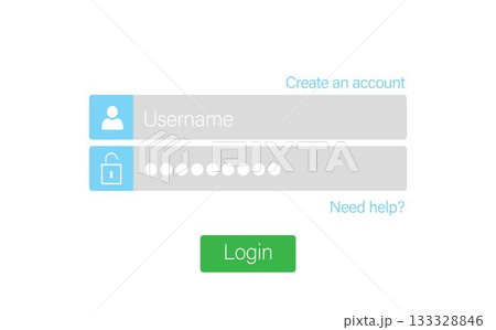 Flat login form showing fields with icons, create account and need help links, green login button 133328846