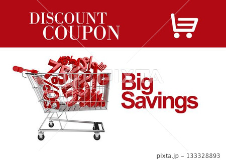Shopping cart is overflowing with red discount icons in flat design showing DISCOUNT COUPON header 133328893