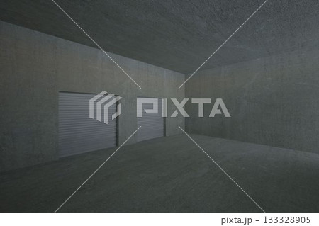 Empty concrete room is showing two metal roll-up doors in industrial flat design 133328905