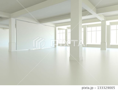 Open-plan interior space is showing shiny floor, columns, beams and grid windows in 3D render Open-plan interior space is showing shiny floor, columns, beams and grid windows in 3D render 133329005