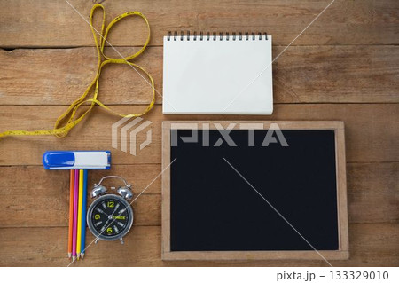 Overhead view of chalkboard with equipment Overhead view of chalkboard with equipment 133329010