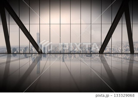 Room with large window looking on city 133329068