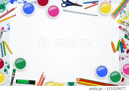 Blank paper is lying on tabletop in flat style, paint containers, brushes and splatters, copy space 133329077