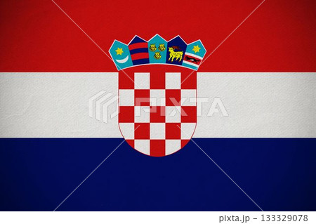 Croatian flag is showing flat red white blue stripes checker shield, transparent bg, copy space Croatian flag is showing flat red white blue stripes checker shield, transparent bg, copy space 133329078