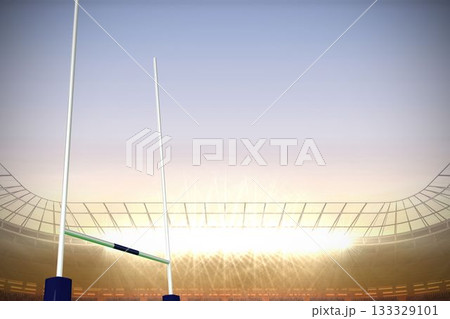 Rugby goalposts are standing in flat design dusk stadium with curved seating and bright floodlights 133329101
