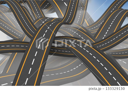 Asphalt highways twisting in 3D render over cloudy sky with yellow edges white dashes, copy space Asphalt highways twisting in 3D render over cloudy sky with yellow edges white dashes, copy space 133329130