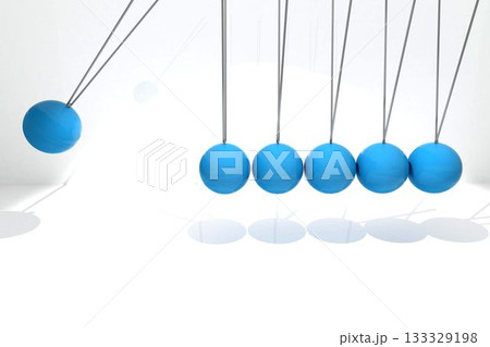 Six glossy blue spheres are swinging in Newton's cradle over reflective white base in 3D render 133329198