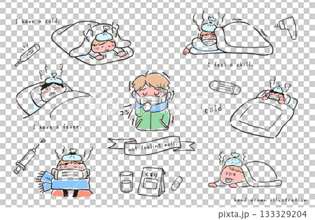 Illustration set of people who are unwell with a cold Illustration set of people who are unwell with a cold 133329204