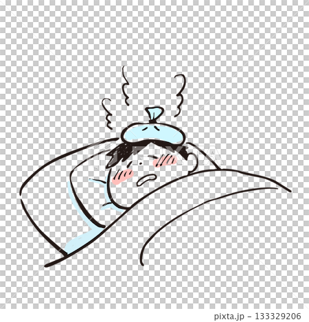 Illustration of a person in bed with a fever 133329206