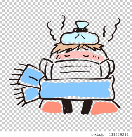 A sick person with a fever and an ice pack on their head 133329211
