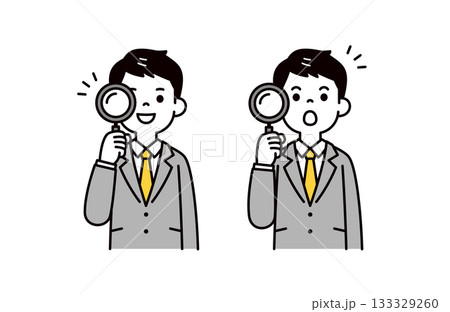 虫眼鏡を持って分析する、スーツを着た若い男性のシンプルな上半身ベクターイラスト素材 133329260