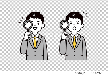 虫眼鏡を持って分析する、スーツを着た若い男性のシンプルな上半身ベクターイラスト素材 133329260