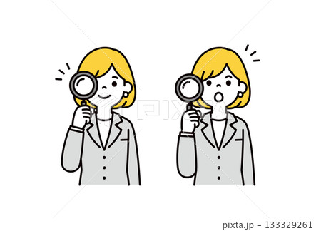 虫メガネを持って検索する、スーツを着た若い女性のシンプルな上半身ベクターイラスト素材 133329261