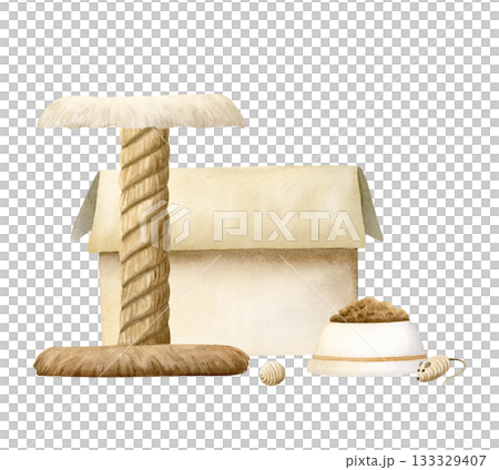 Cat scratching post, box and food bowl watercolor illustration isolated on white. Pet furniture and meal clip art for domestic animals accessories shops, interior designs and charity concepts 133329407
