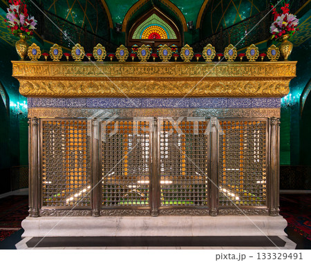 Intricate golden shrine of Ukeyma Khanum's Tomb in Bibi-Heybat Mosque, Baku, Azerbaijan. Intricate golden shrine of Ukeyma Khanum's Tomb in Bibi-Heybat Mosque, Baku, Azerbaijan. 133329491