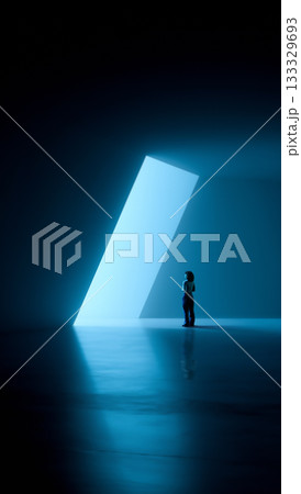 Abstract collage. Person standing under bright blue angular light opening in minimal room 133329693