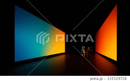 Futuristic scene of gradient gallery illuminating two people exploring vibrant space Futuristic scene of gradient gallery illuminating two people exploring vibrant space 133329726