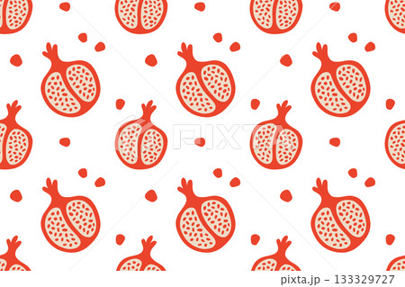 Seamless pattern with pomegranate fruits and seeds, flat cartoon style, bright colorful illustration, decorative botanical design, healthy food, fruit theme, textile and wrapping pattern 133329727