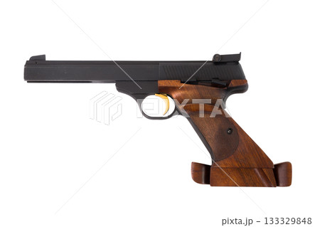 pistol for shooting sport closeup. Games of shooting range. Special equipment for athlete 133329848