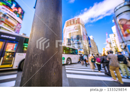 日本の東京都市景観剥がされたシール…交差点には先読めず大型バスが立ち往生。外国人観光客らの横断を妨害 133329854