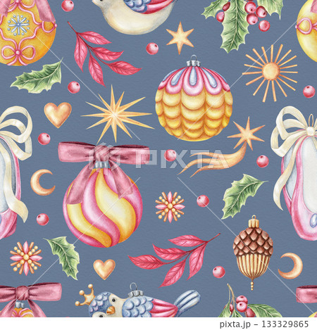 Christmas seamless pattern with ornaments and decor on blue background. Hand drawn watercolor with sparkling pencil texture. Festive design in pink and yellow perfect for textile and wrapping paper. 133329865