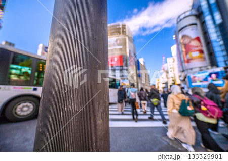 日本の東京都市景観剥がされたシール…交差点には先読めず大型バスが立ち往生。外国人観光客らの横断を妨害 133329901