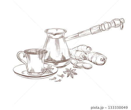 Eastern classic coffee pot and small coffee cup on a saucer with anise, cloves, and ginger as a symbol of oriental ceremonies,hospitality.Vector minimalistic line art for menu design,packaging Eastern classic coffee pot and small coffee cup on a saucer with anise, cloves, and ginger as a symbol of oriental ceremonies,hospitality.Vector minimalistic line art for menu design,packaging 133330049