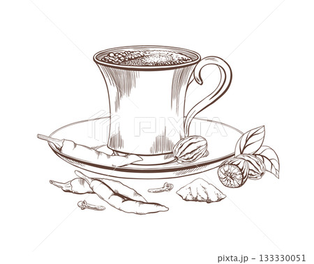 Coffee cup with black coffee and foam on a classic porcelain saucer,red pepper,nutmeg,cloves in black and white vector style.Classic eastern coffee ceremony clipart for cafe menu,and food branding Coffee cup with black coffee and foam on a classic porcelain saucer,red pepper,nutmeg,cloves in black and white vector style.Classic eastern coffee ceremony clipart for cafe menu,and food branding 133330051