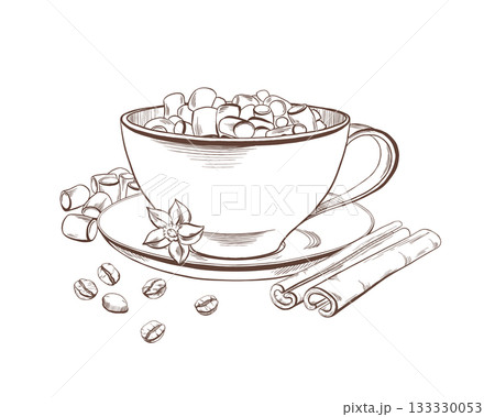 Classic wide porcelain cup with elegant handle,saucer,featuring Americano coffee,marshmallow,cinnamon,vanilla as a symbol of winter cozy,Christmas spirit for coffee lovers.Vector clipart in line Classic wide porcelain cup with elegant handle,saucer,featuring Americano coffee,marshmallow,cinnamon,vanilla as a symbol of winter cozy,Christmas spirit for coffee lovers.Vector clipart in line 133330053