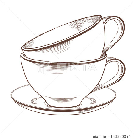 Stack of white porcelain or ceramic tea cups and saucers as part of a table setting. Hand drawn vector illustration in minimalistic style for decoration of cafe,menu,packaging Stack of white porcelain or ceramic tea cups and saucers as part of a table setting. Hand drawn vector illustration in minimalistic style for decoration of cafe,menu,packaging 133330054