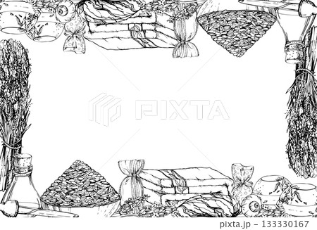 Lavender seeds heap, cosmetic set with soap bar, bath bomb, towel, essential oil bottle. Isolated border frame illustration hand drawn in vector ink. Spa salon label, skincare wellness collection 133330167