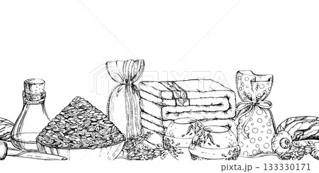 Dried lavandula seeds, lavender essential oil, handmade beauty products, sachet bags towels. Isolated seamless banner illustration hand drawn in vector ink. Home textiles, wrapping paper, DIY crafts 133330171