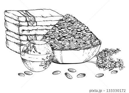 Shallow ceramic dish with natural lavender seeds, lavandula flower stalks, bath towels and bomb infused with petals. Isolated illustration hand drawn in vector ink. Farmer's lavender fair, spa salon 133330172