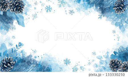 青い雪の結晶と松ぼっくりの冬フレーム（横・白背景） 133330250