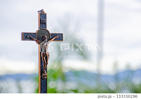Holy Cross with customizable space for text or message with nature background. Christianity concept. Holy Cross with customizable space for text or message with nature background. Christianity concept. 133330296
