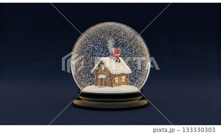 紺色の背景に浮かぶサンタの家のスノードーム・静かな冬夜のクリスマスイメージ 133330303