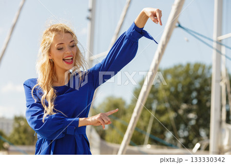 Fashion model wearing blue navy shirt 133330342