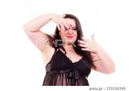 Adult plus size woman showing red nails. Adult plus size woman showing red nails. 133330395