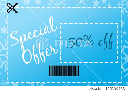 Promotional coupon is being shown in flat design, with dashed border, snowflakes, 50% off, barcode 133330488