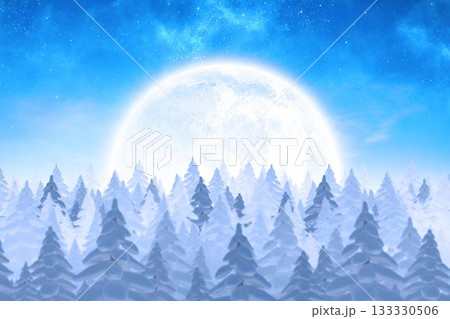 Winter woodland night scene is featuring flat design with glowing full moon and snow-covered pines Winter woodland night scene is featuring flat design with glowing full moon and snow-covered pines 133330506