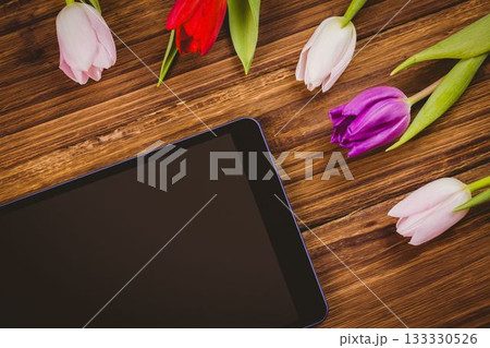 Flat design showing tablet lying at angle on wood desk, tulip blooms are adding colorful accent 133330526