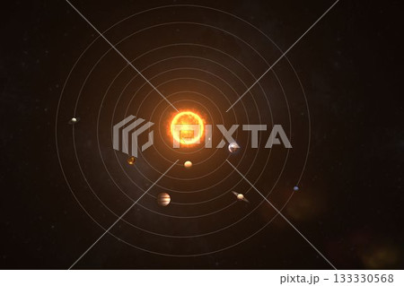 Graphic image of planets rotating around sun Graphic image of planets rotating around sun 133330568