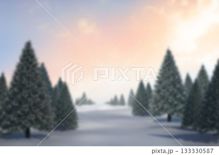 Evergreen trees standing on snow-covered ground in flat design, sky glowing pastel sunrise Evergreen trees standing on snow-covered ground in flat design, sky glowing pastel sunrise 133330587