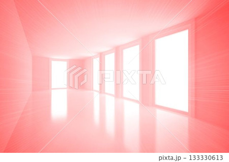 Flat design corridor is flooding reflective floor with pink glow through five tall windows 133330613